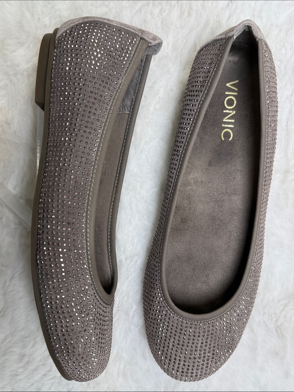Vionic Spark Willow Taupe Suede Ballet Flats 7.5 Rhinestone Bling Comfort Dressy
